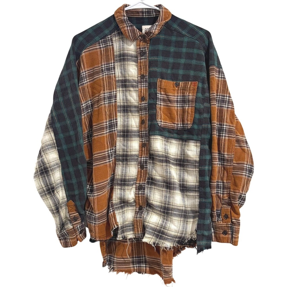 BDG Urban Outfitters Patchwork Plaid Flannel Shirt Green Brown Raw Hem SMALL